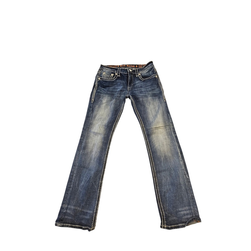Rock Revival Marlin Straight Leg Jeans Mens 34 Dark Wash RJ8292J5 Fleur De Lis